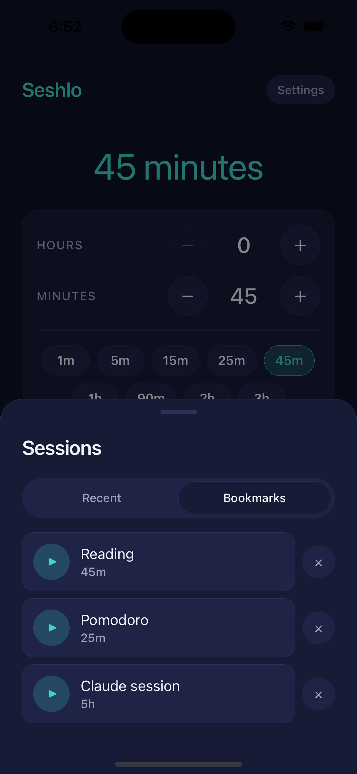 Bookmarked sessions list with Reading, Pomodoro, and Claude session