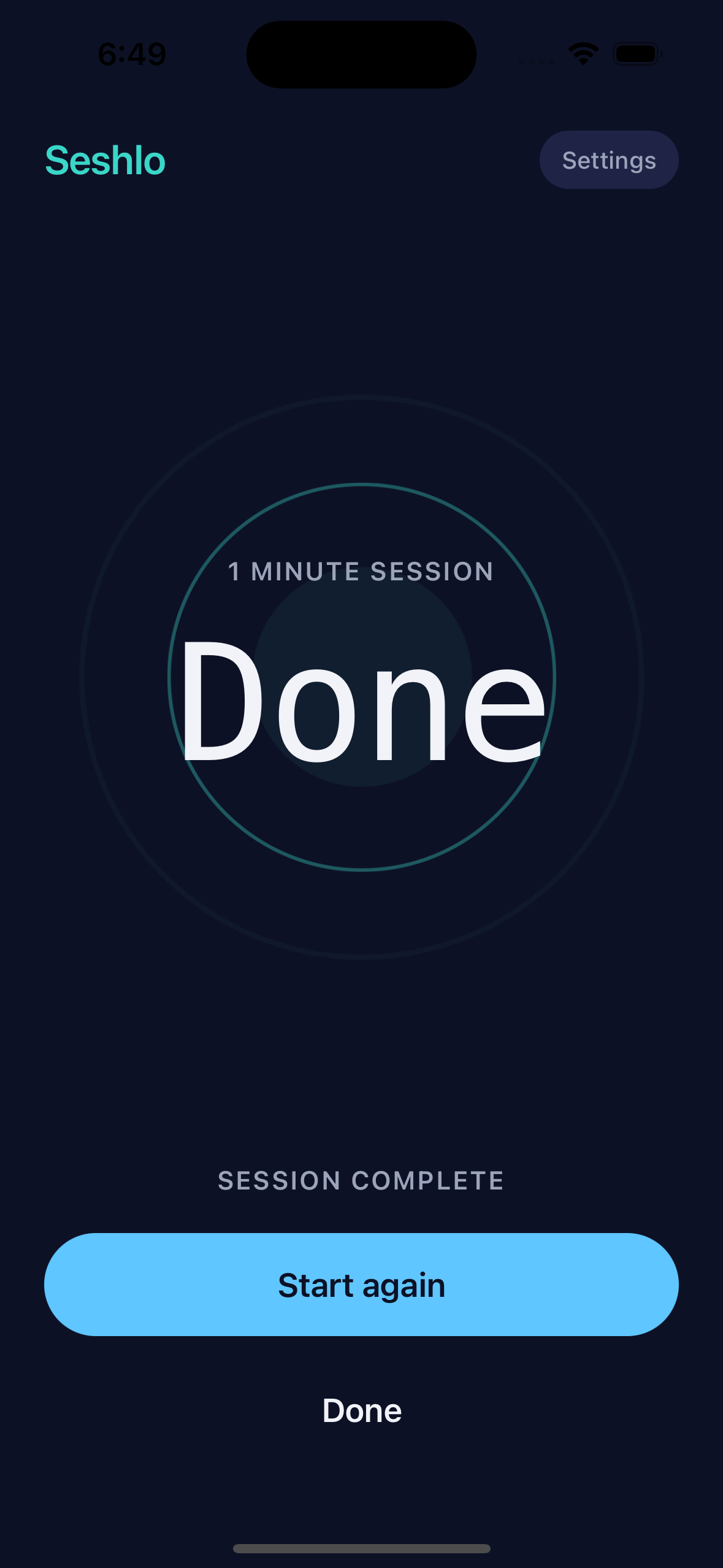 Session complete screen with a pulsing accent ring