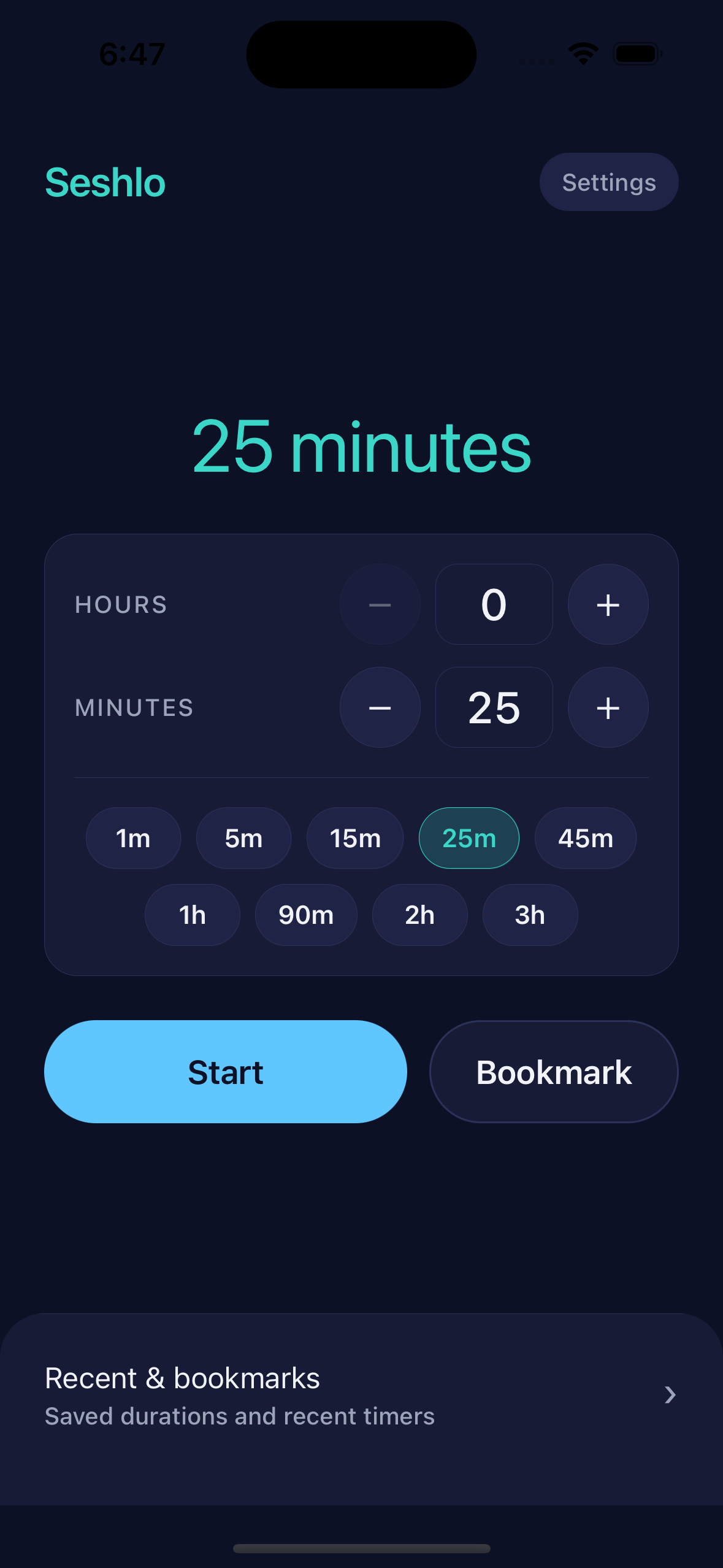 Seshlo duration picker with steppers and one-tap presets